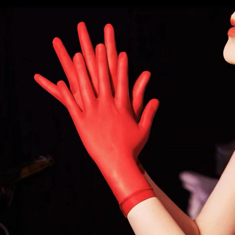 NEW Women Oil Glossy Tight Stocking Gloves Sexy High Elastic Transparent Ultra-Thin Clubwear Short Wrist Gloves Peaceful Pleasures Health and Wellness red round edge