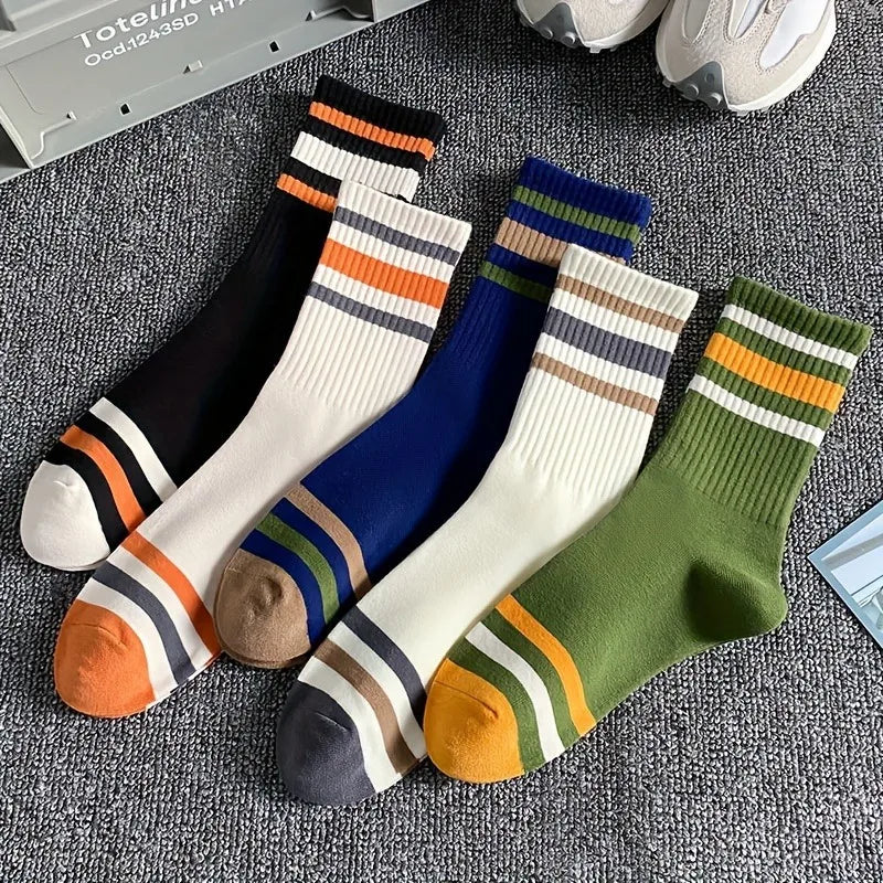 5 Pairs Men's Colorful Striped Casual Socks, Fashionable Sports Socks, Sweat Absorbing And Breathable, Suitable For All Seasons Peaceful Pleasures Health and Wellness