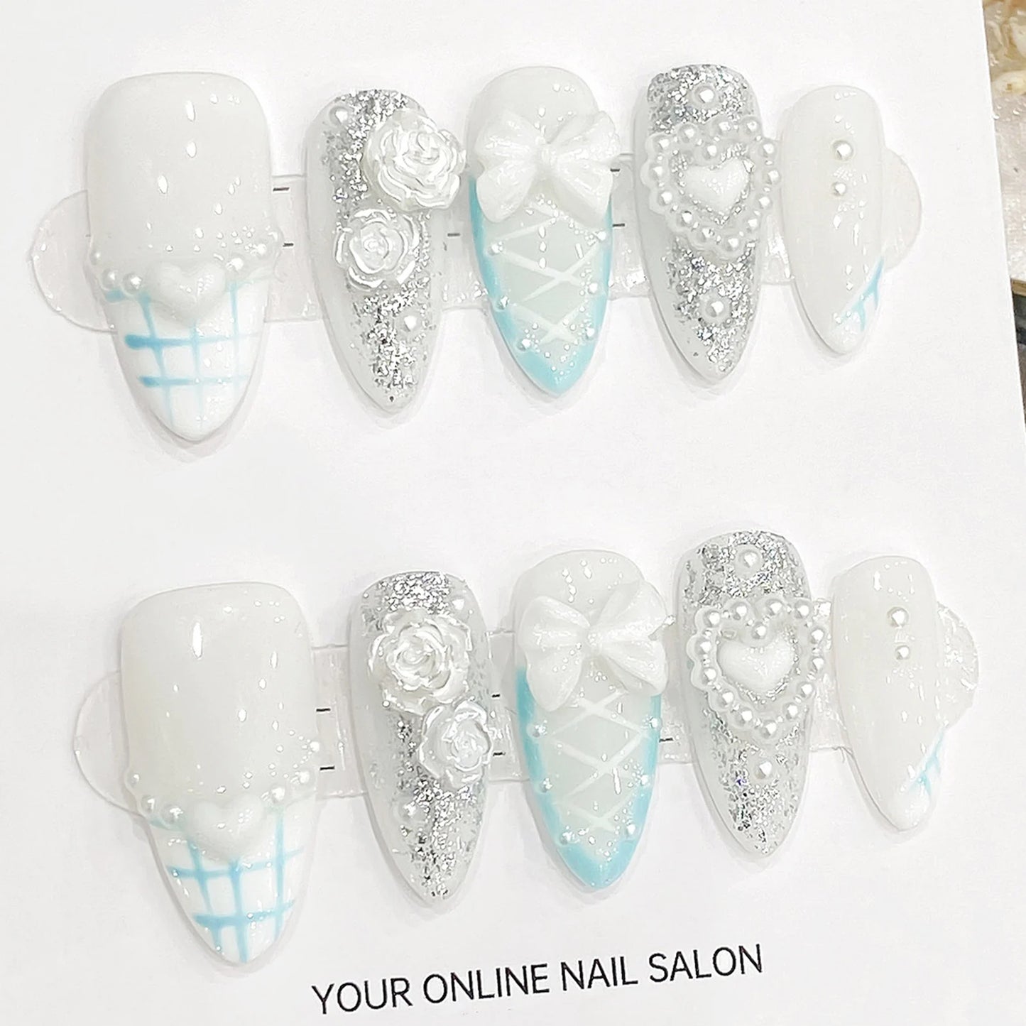 Handmade Press on Nails Light Blue Cute Bear Cat Claws Design Fake Nails French Pearls Love Decor Almond False Nail Tips Peaceful Pleasures Health and Wellness L