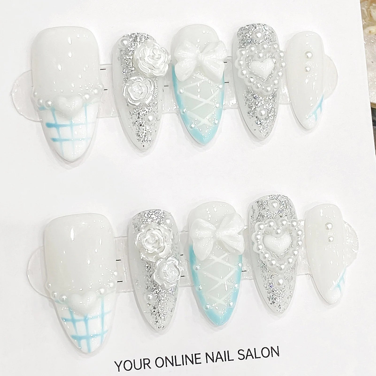 Handmade Press on Nails Light Blue Cute Bear Cat Claws Design Fake Nails French Pearls Love Decor Almond False Nail Tips Peaceful Pleasures Health and Wellness L