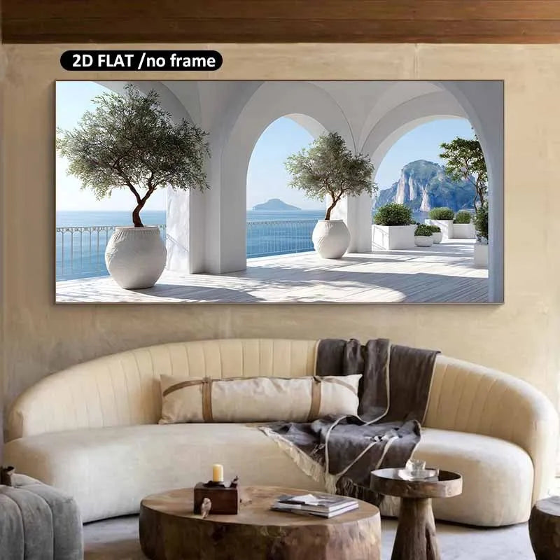 2D Flat, Frameless Modern Home Decor Canvas Art Prints for Living Room Bedroom Posters Coastal Archway Olive Trees Sea View Peaceful Pleasures Health and Wellness