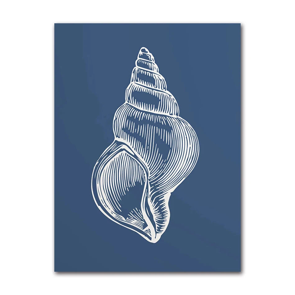 Coastal Blue Beach Antique Shell Sketch Poster, Starfish Jellyfish Conch Oil Painting Print, Wall Art for Kids Room Home Decor Peaceful Pleasures Health and Wellness