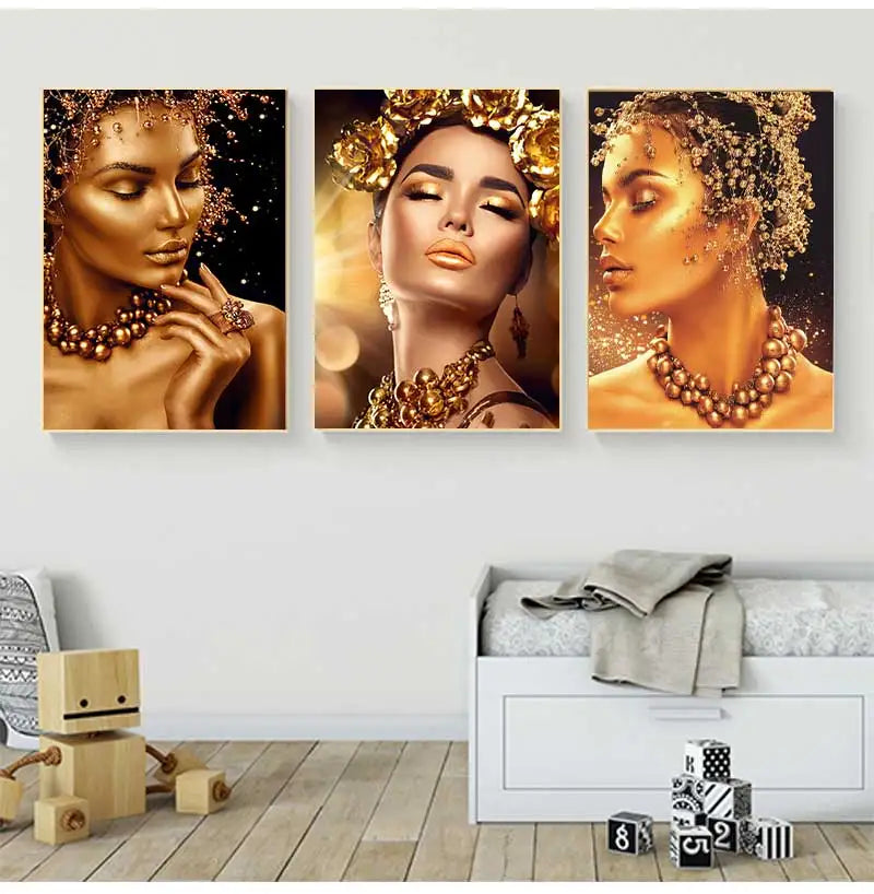 Gold Woman Oil Painting on Canvas Cuadros Posters and Prints Wall Art Picture for Living Room Sexy Nude African Black Peaceful Pleasures Health and Wellness