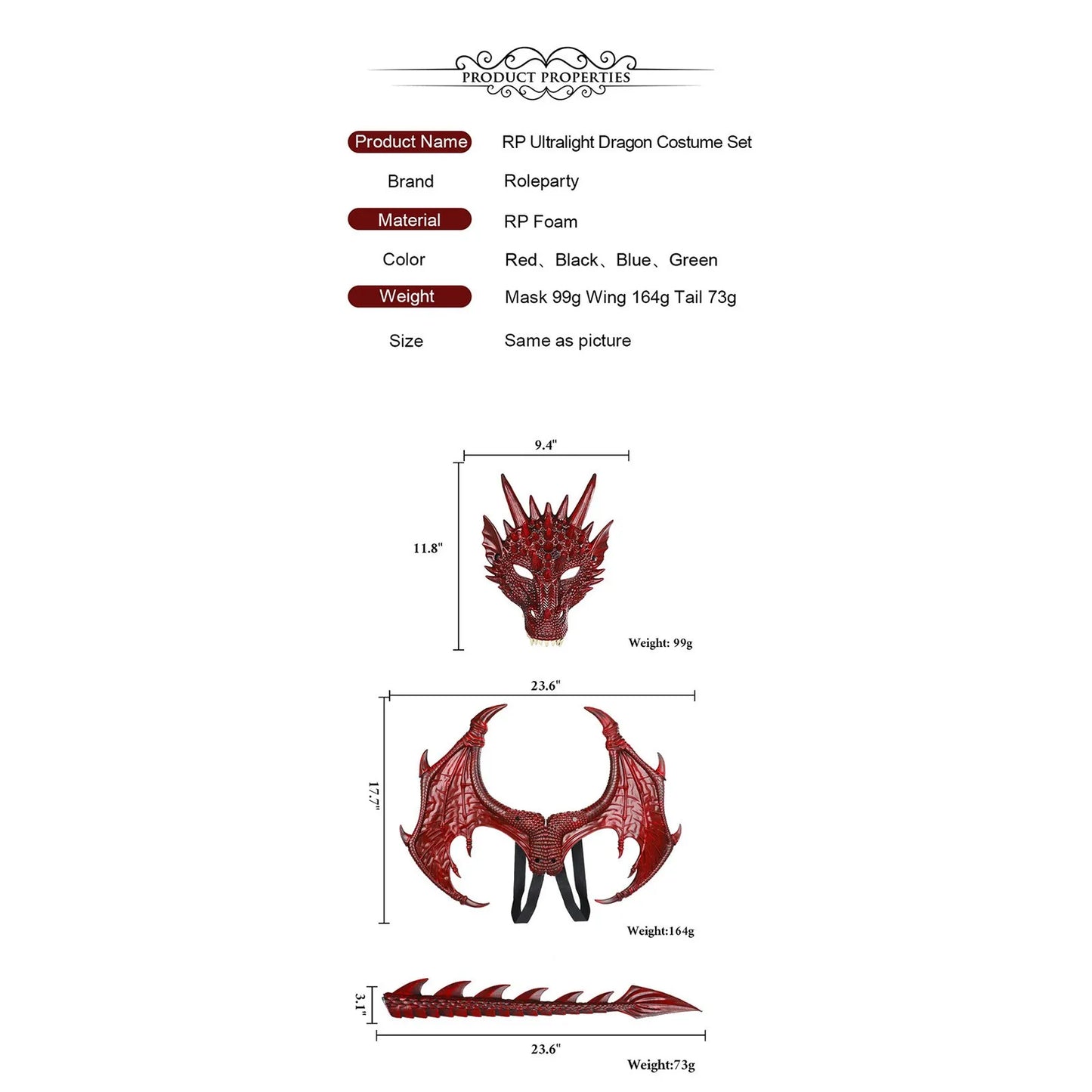 Dragon Costume Set – Mask, Wings & Tail | Kids & Adults