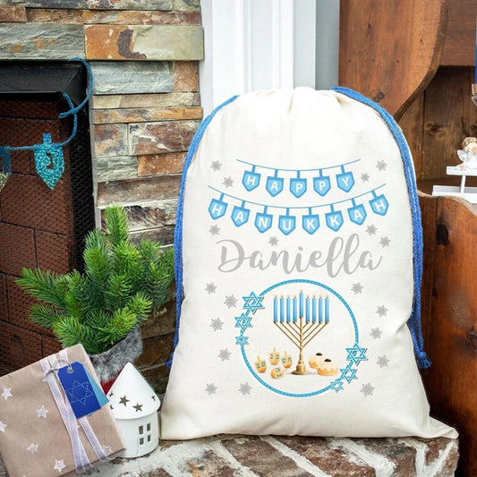 Personalized Hanukkah Drawstring Gift Bag | Custom Name Sack Holiday Gift Bag Peaceful Pleasures Health and Wellness