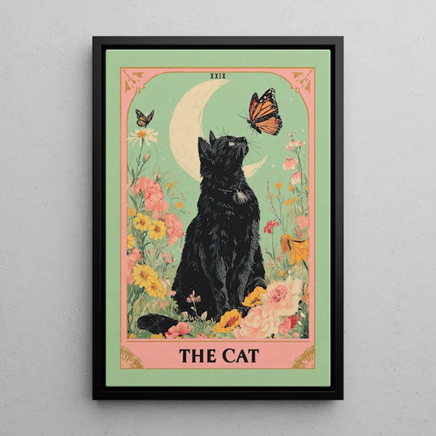 Tarot Black Cat Moon Floral Canvas Wall Art Print Poster
