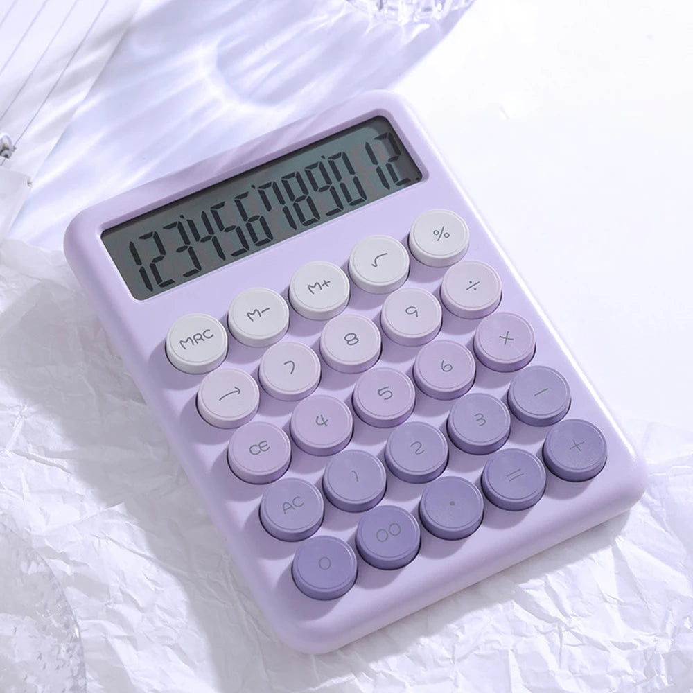 Mechanical Calculator Big Round Button Desktop Calculator 12 Digit Large LCD Display Versatile Calculator Cute Gradient Colored Peaceful Pleasures Health and Wellness PURPLE