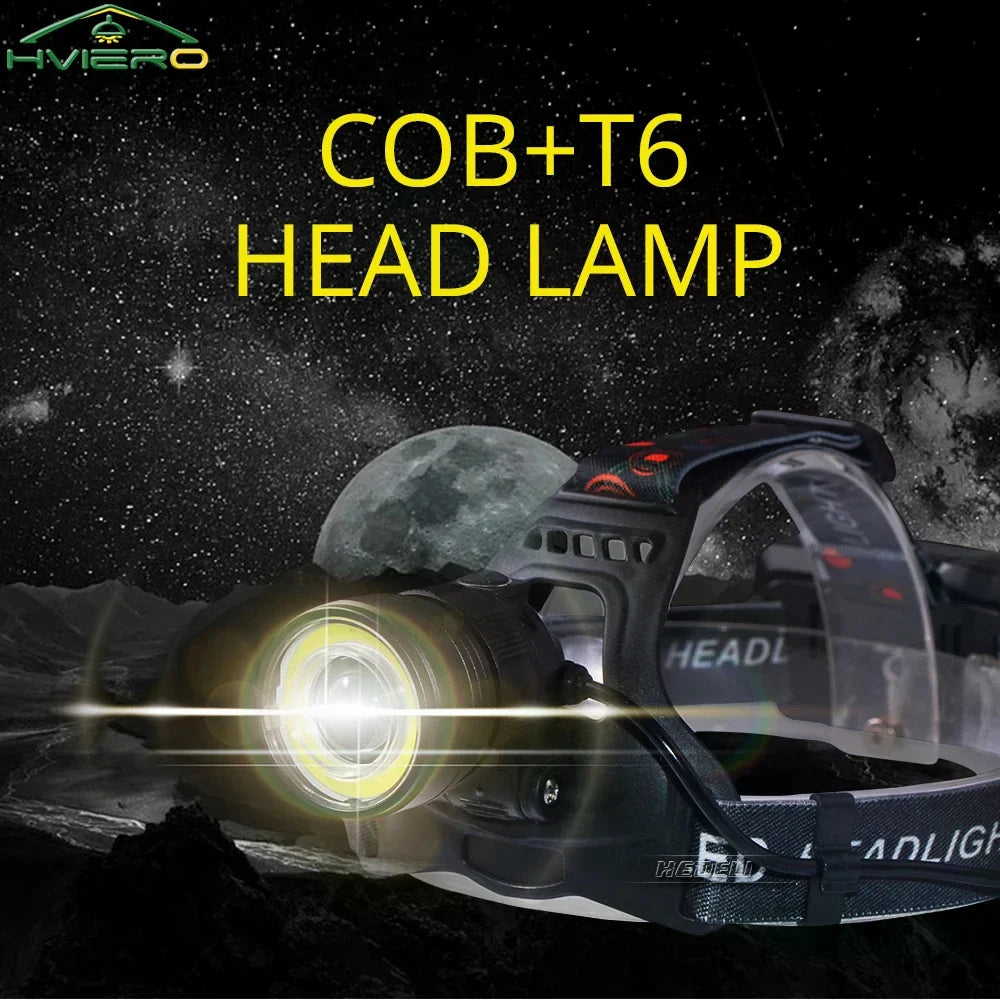 HVIERO T6 COB LED Headlamp – Rechargeable & Waterproof