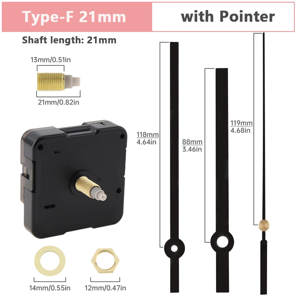 Wall Clock Mechanism Silent Quartz Movement Machine Wall Hands Silent Sweeping Second Movement with Pointer DIY, Repair Tools Peaceful Pleasures Health and Wellness Tpye-F 21mm China Mainland
