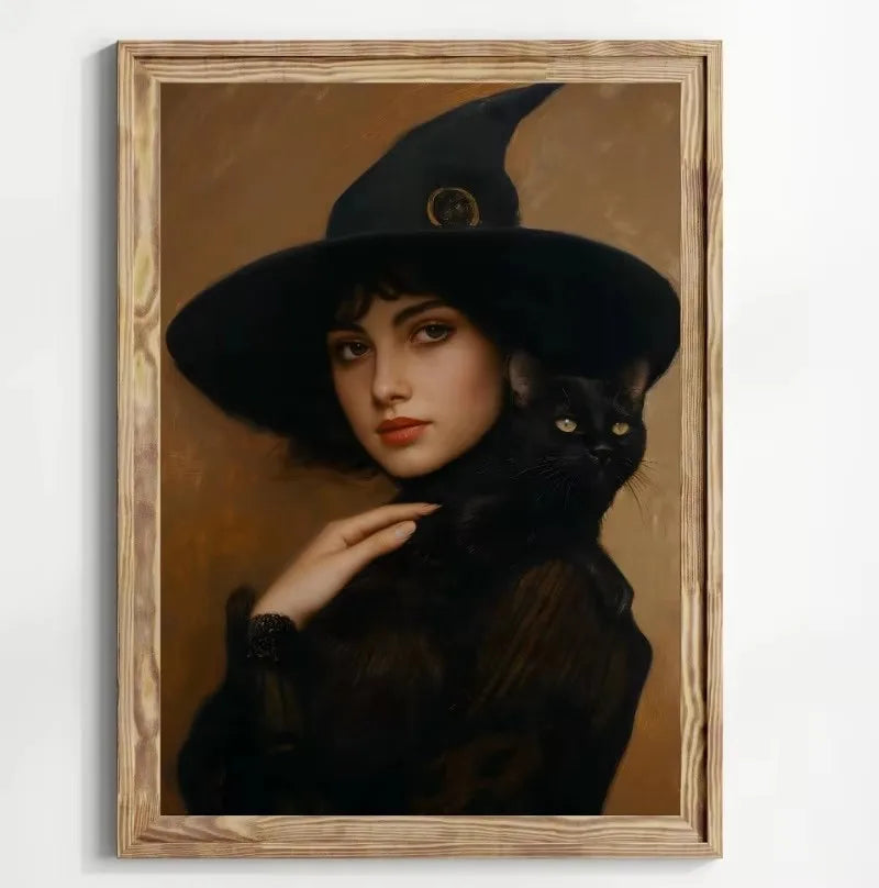 Classic Witch Black Cat Pumpkin Apothecary Full Moon Wall Art Halloween Goth Canvas Painting Moody Poster Home Bedroom Decor Peaceful Pleasures Health and Wellness ZLH5220 100x150cm No Frame