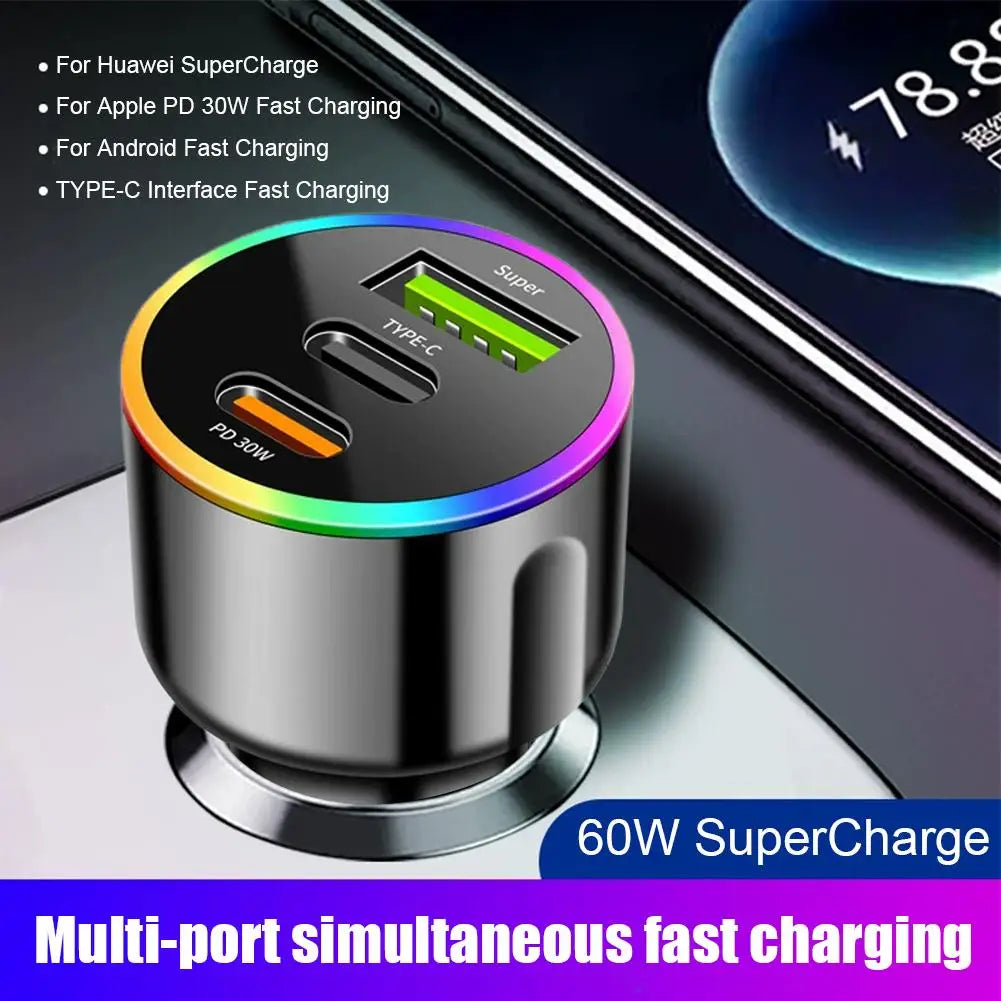 60W Dual USB-C & USB-A Car Charger | PD Fast Charging Adapter