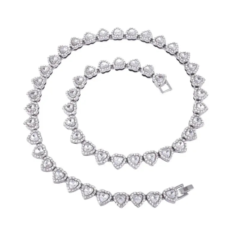 Hip Hop Tennis Chain Necklace – CZ Rhinestone Heart, 45cm
