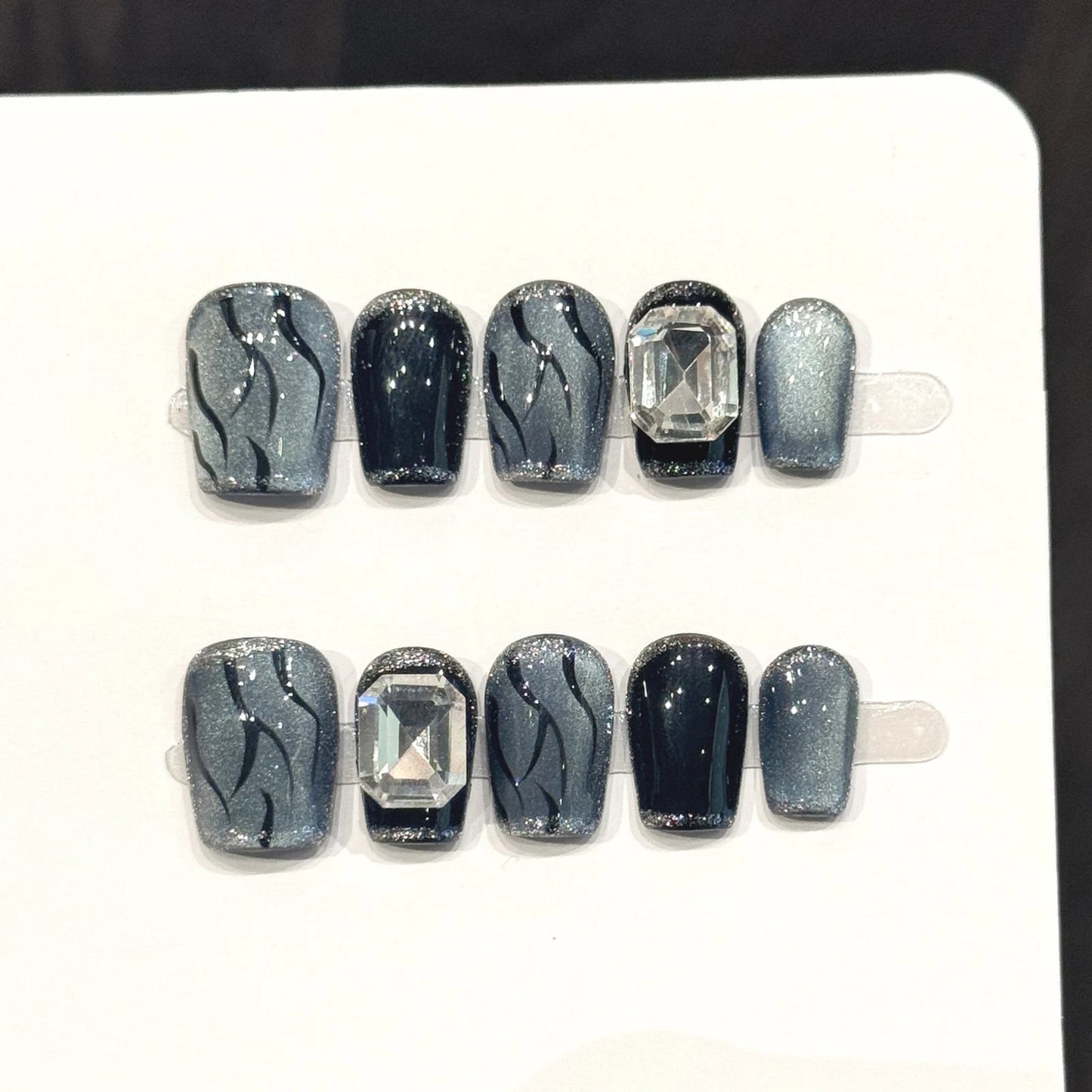 Press On Nails Black Grey Cat's Eye Flame | 10pc Gothic Set