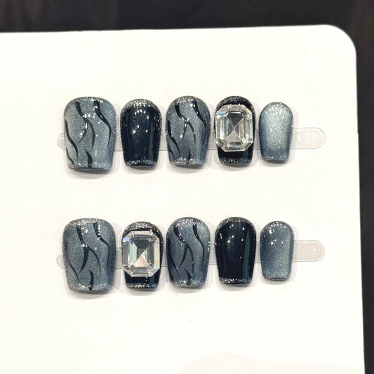 Press On Nails Black Grey Cat's Eye Flame | 10pc Gothic Set Press On Nails Peaceful Pleasures Health and Wellness