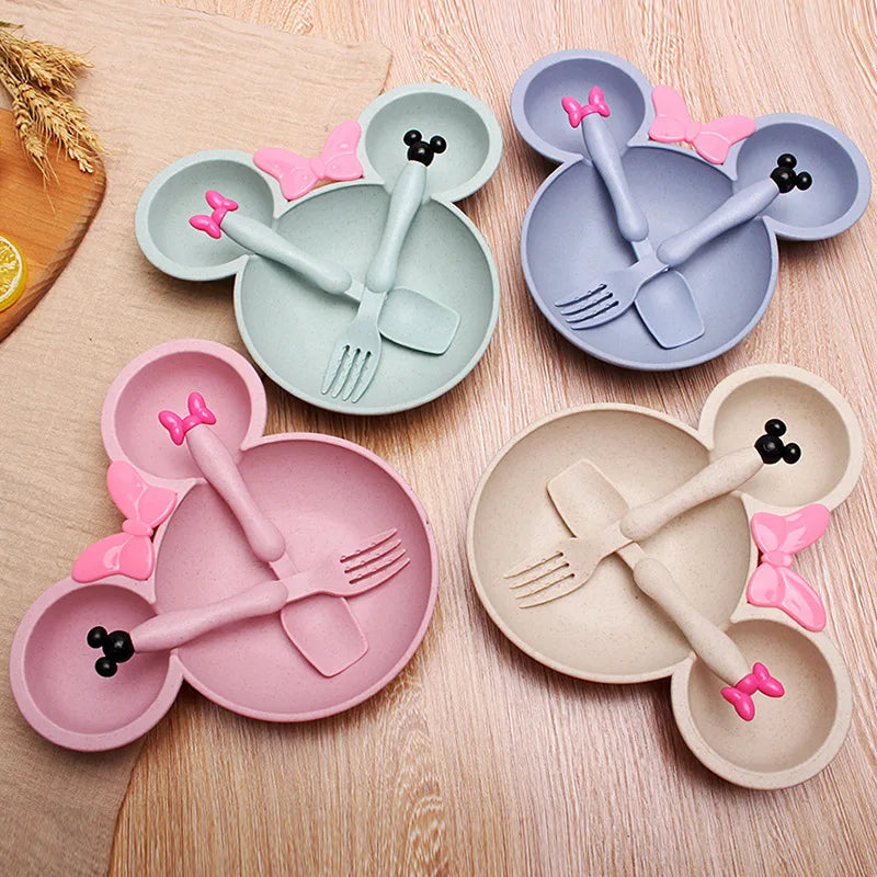 3Pcs Set Lovely Mickey Cartoon Baby Tableware Set Wheat Straw Kids Anti Drop Dinner Plate Bowl Spoon Fork for Baby Girl and Boy Peaceful Pleasures Health and Wellness