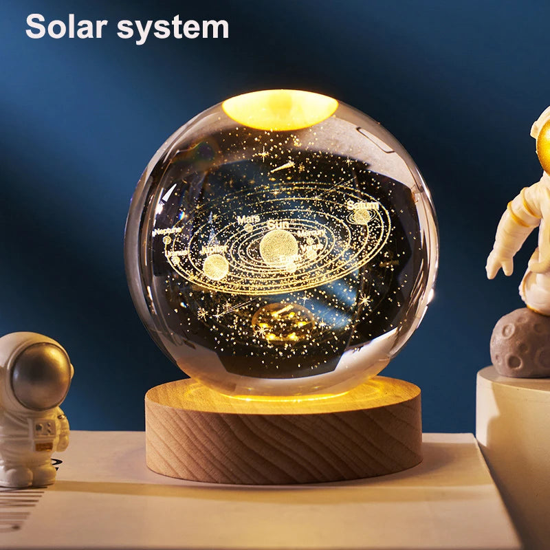 6cm 3D Crystal Ball Decoration 2026 Astronomy Solar System Planets Moon Astronaut LED Balls Home Snow Glass Globe Decorations Peaceful Pleasures Health and Wellness Solar System USB Plug