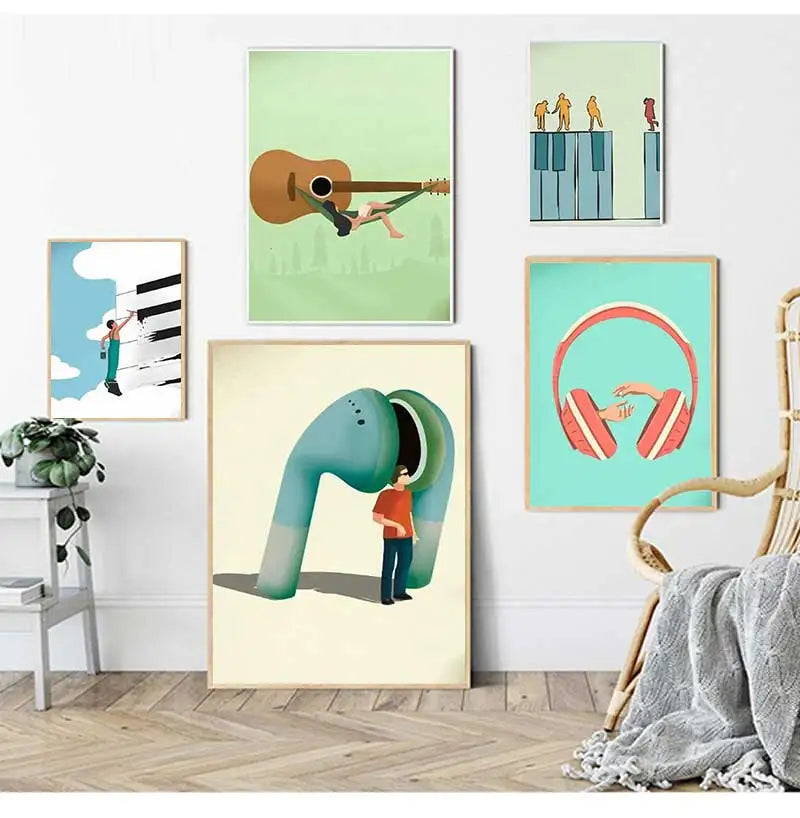 Vintage Music Art Funny Abstract Instrumental Canvas Painting Huge Guitar Piano Keys Poster Headphone Prints Home Decor Peaceful Pleasures Health and Wellness