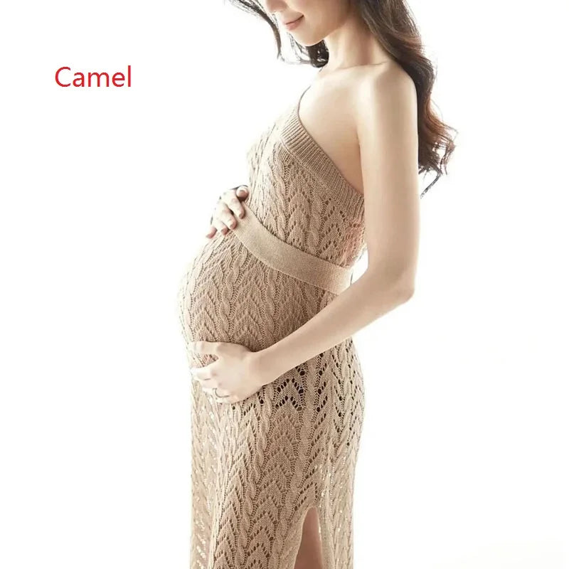 Pregnancy Dress Shoot Gold Knitted Maternity Dresses for Photo Shoot Robe Transparent hollowed Clothing Props Peaceful Pleasures Health and Wellness Camel S China Mainland