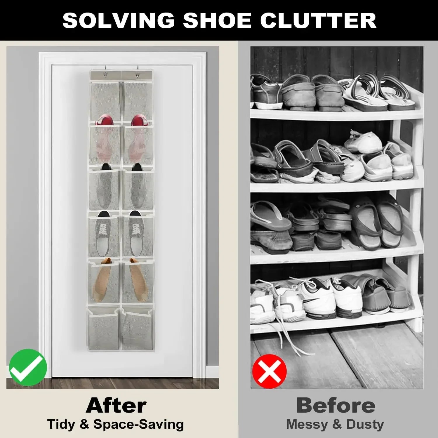 12-Pocket Over Door Shoe Organizer, Gray - Space Saving Storage for Shoes & Accessories Peaceful Pleasures Health and Wellness
