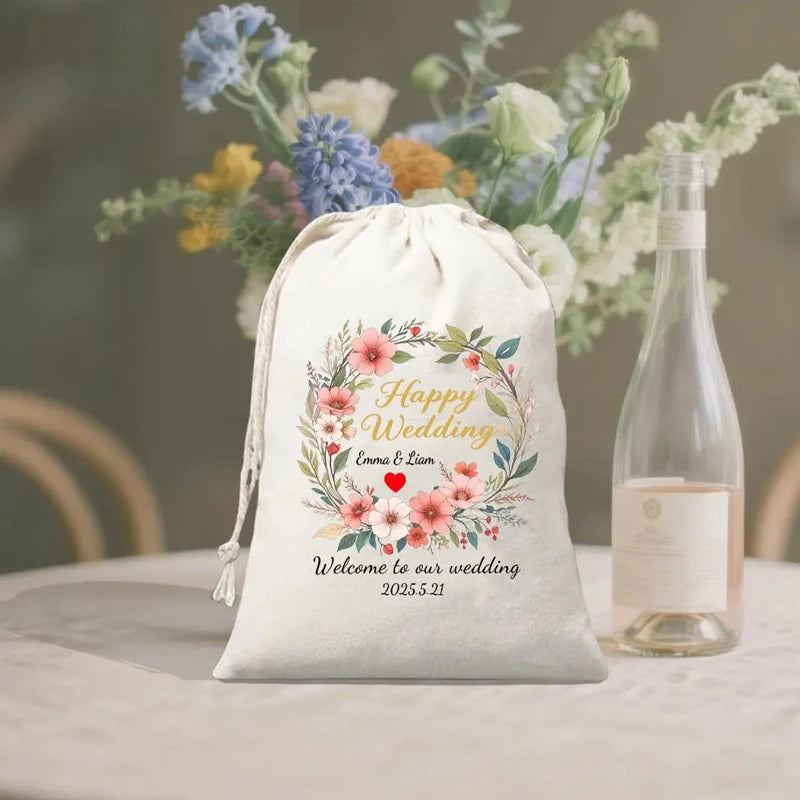 5-Pack Wedding Vine Wreath Drawstring Bags | Bridal Shower Gifts Wedding Favor Bags Peaceful Pleasures Health and Wellness