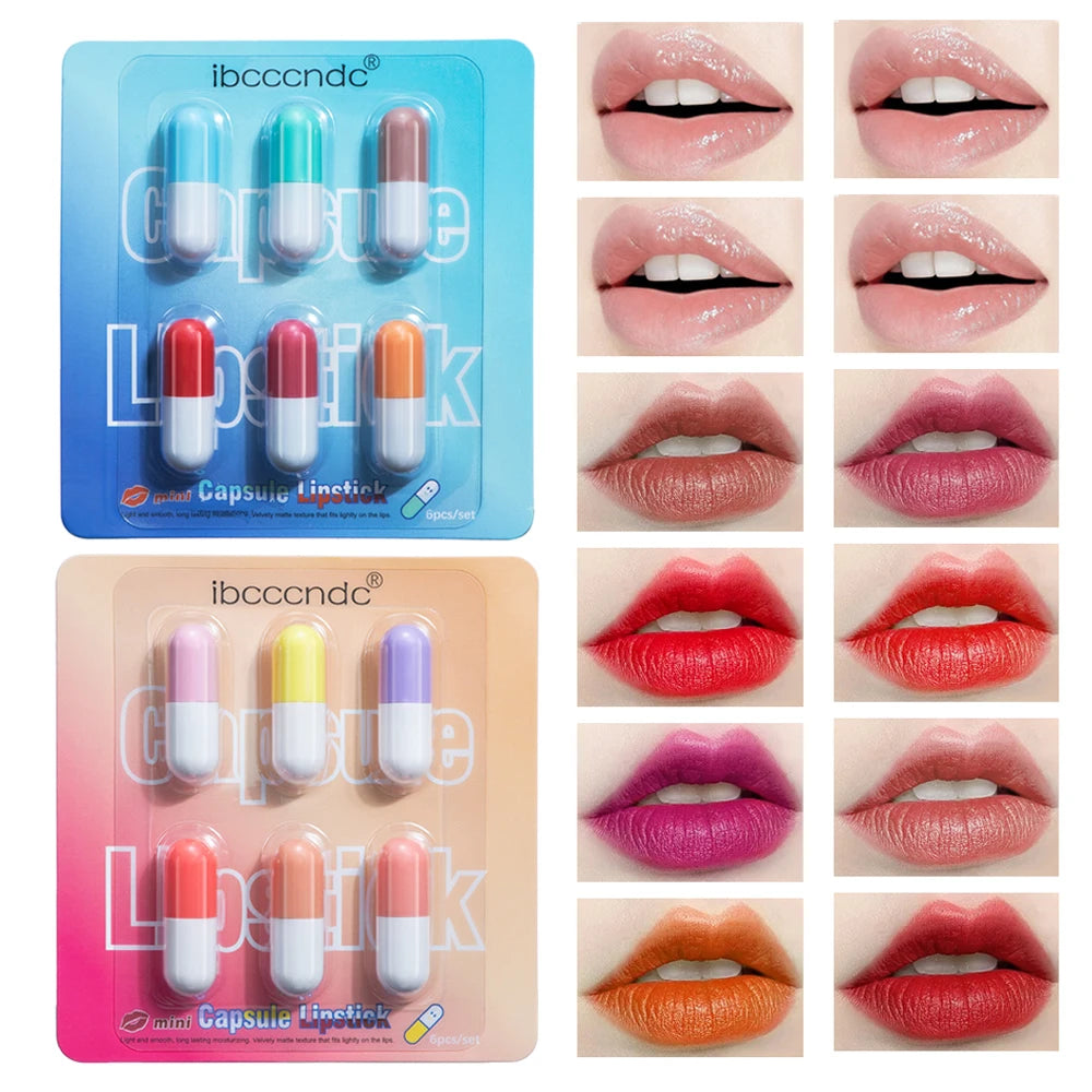 6pcs/set Mini Cute Capsule Lipstick Set with Lip Balm Moisturizing Waterproof Non-stick Cup Carry Pill Lipstick Lips Makeup Gift Peaceful Pleasures Health and Wellness