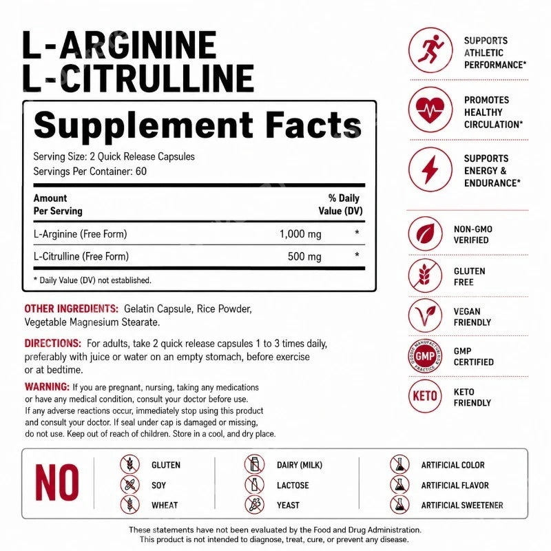 L-Arginine L-Citrulline 1500mg Pills – Non-GMO, Gluten Free