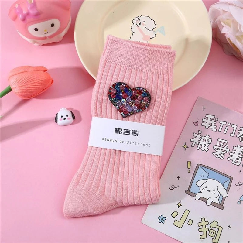 Diamond Heart-Shaped Decorative Socks, Fashionable Diamond Sparkling Women's Socks, Comfortable And Breathable Christmas Socks Peaceful Pleasures Health and Wellness Pink One Size