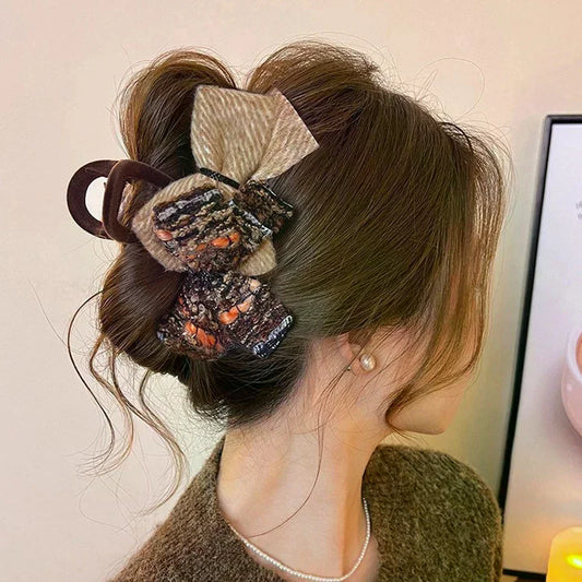 Retro Double Bow Color-Block Large Shark Hair Clip for Women Hair Clip Oasis Select