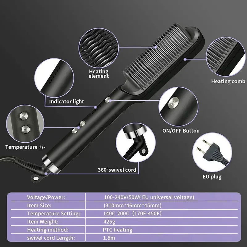 Thermostatic hair straightener Comb 5 temperature settings Straightening brush Quick heat professional hair straightening brush Peaceful Pleasures Health and Wellness