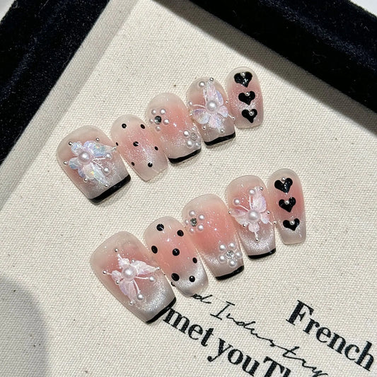 Handmade Press on Nails Fairy White Butterfly Decor Fake Nails Wearable Full Cover Sweet Blush Short French Cat Eye False Nails Peaceful Pleasures Health and Wellness