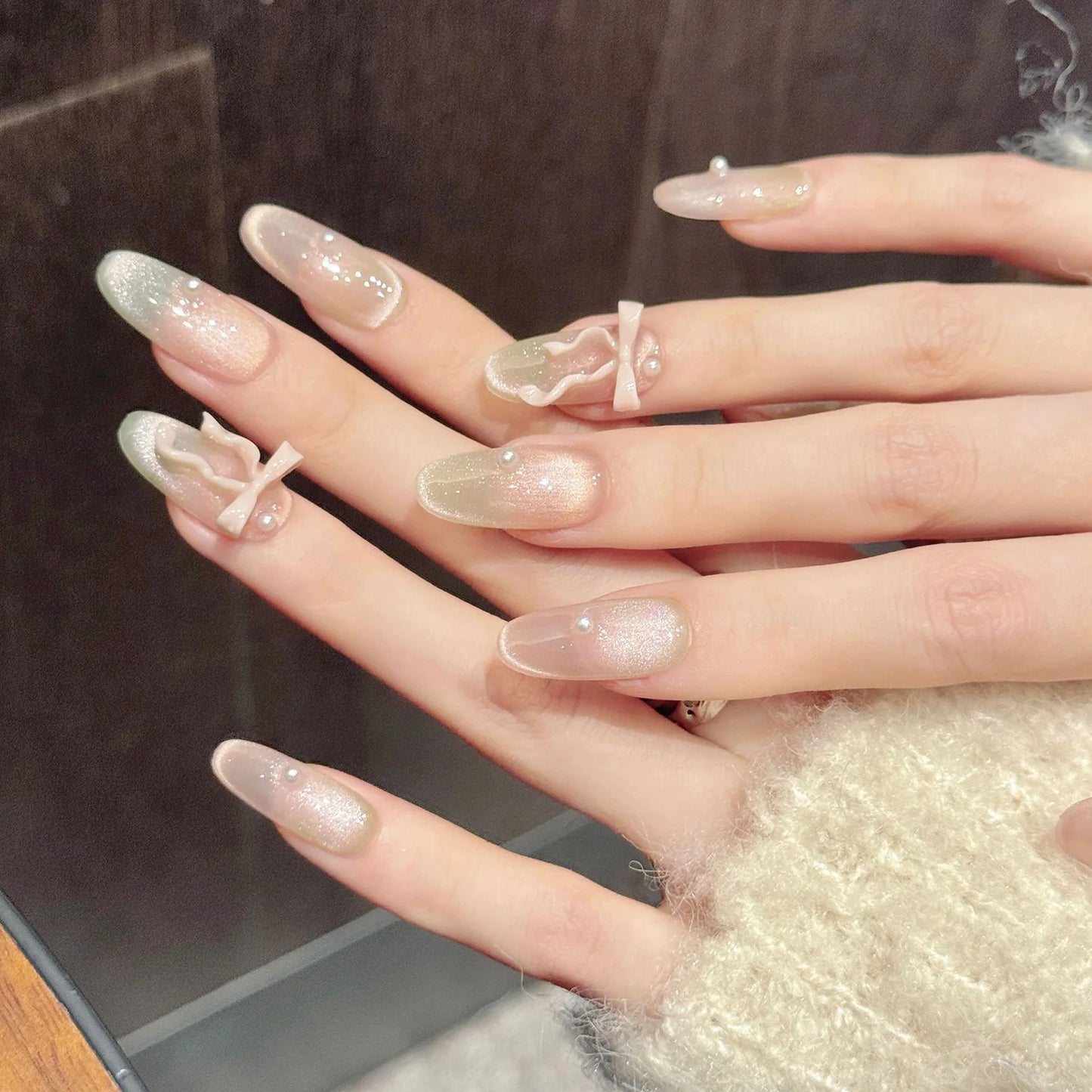 3D Ribbon Bow Press On Nails | Gradient Pink Green Cat's Eye