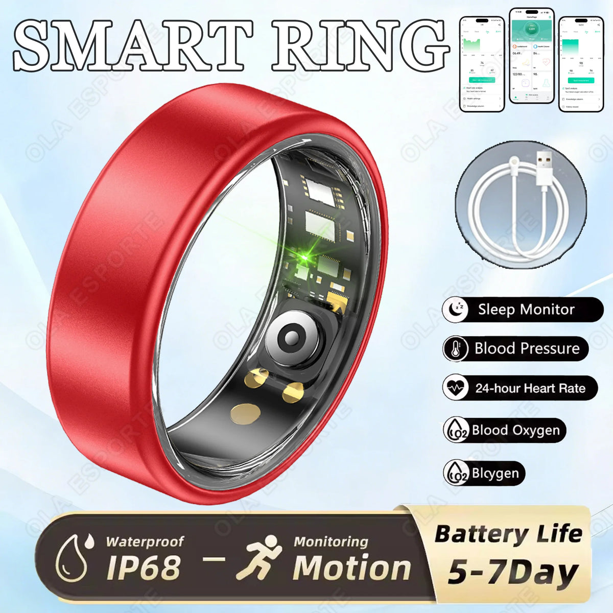 New R09 Smart Ring Men Women with Charging Case,Heart Rate Blood Oxygen,Skin Temperature Monitor,5ATM Waterproof For Android iOS Peaceful Pleasures Health and Wellness Red 14