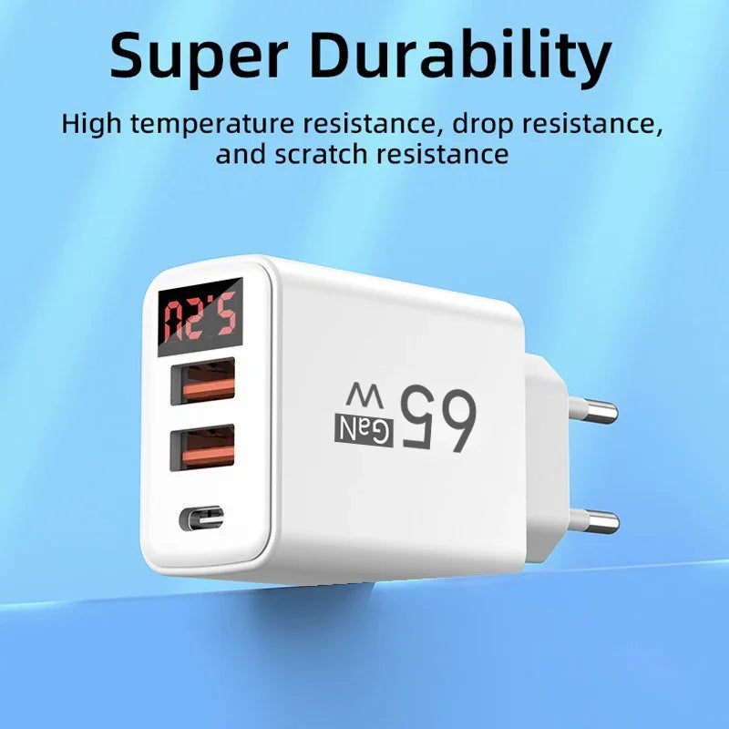 65W GaN USB-C Fast Charger 3-Port PD Quick Charge Display