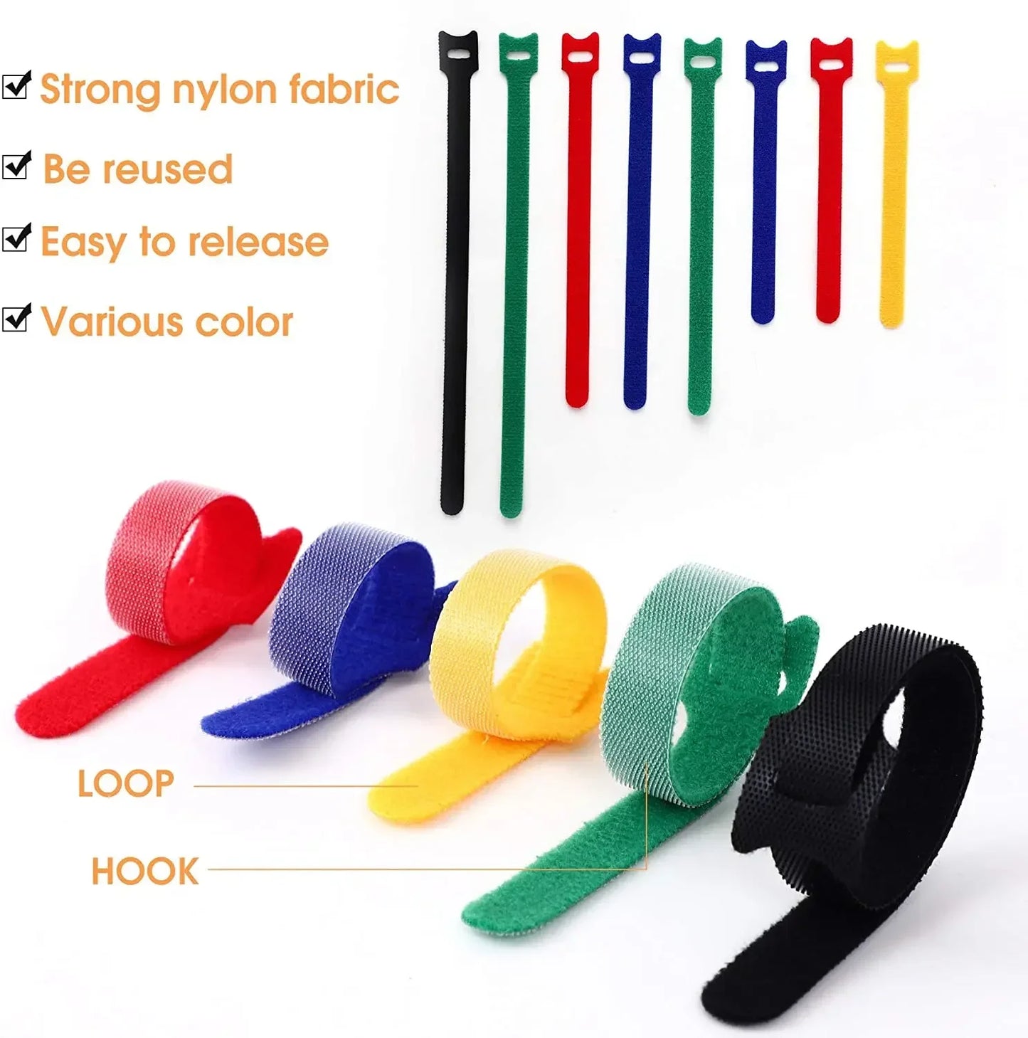Self-Adhesive Hook & Loop Cable Straps 50pcs – Reusable Nylon