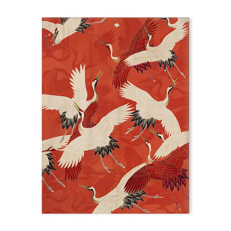 Red Crane Hokusai Canvas Wall Art | Coastal Vintage Print
