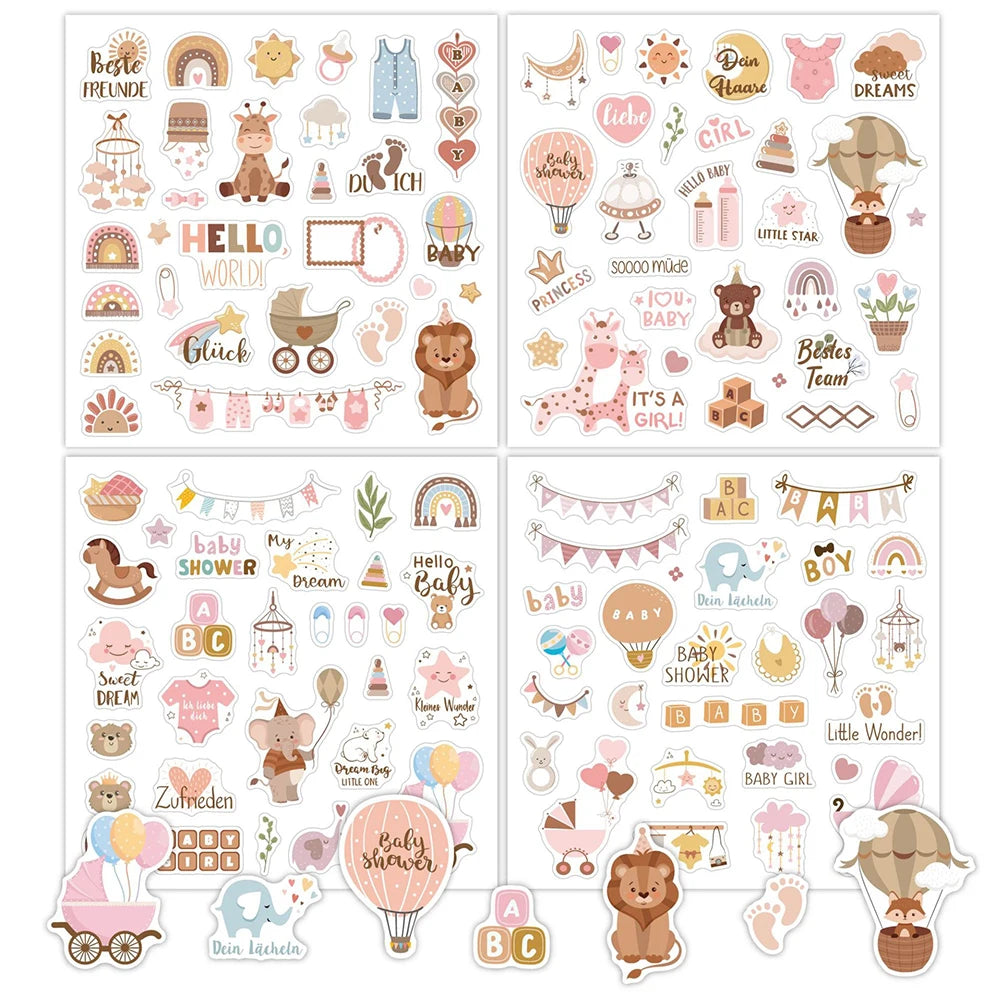 4 Sheets German English Cartoon Morandi Decorative Bookbook Stickers