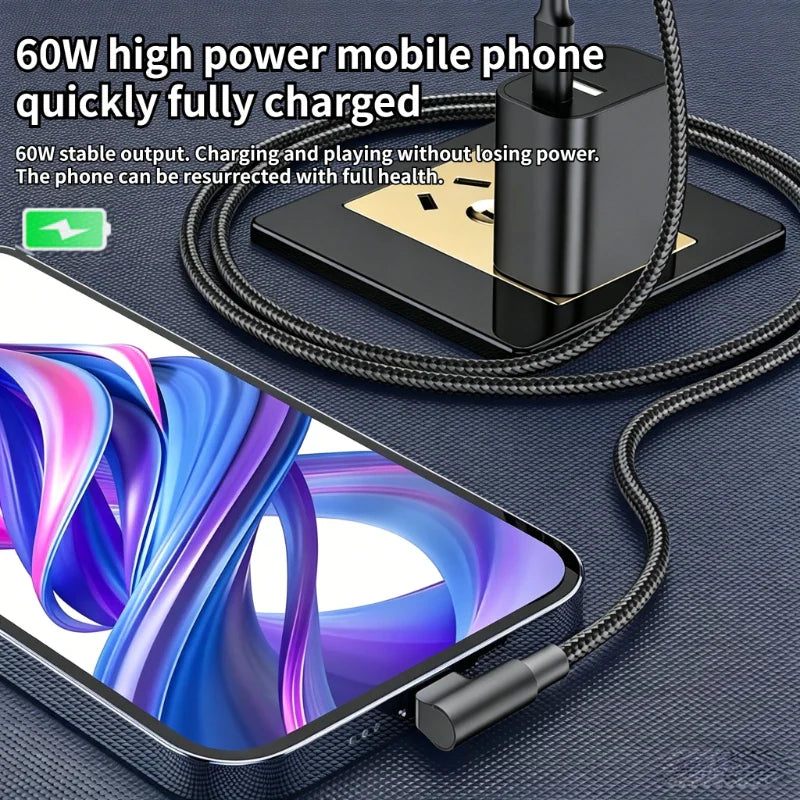 60W USB-C 90-Degree Fast Charging Cable – PD Gaming Cable