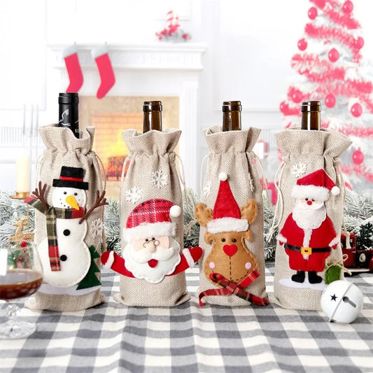 Xmas Snowman Santa Claus Wine Bottle Gift Packaging Jute Bag Pouch Burlap Christmas Wine Bottle Cover Bag Christmas Decorations Peaceful Pleasures Health and Wellness