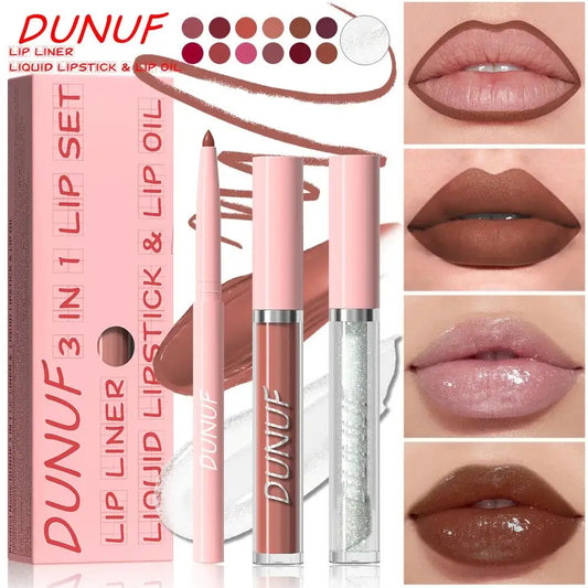DUNUF 3-Pc Matte Lipstick Set – Lip Liner, Gloss & Oil Kit Lip Makeup Kit Oasis Select