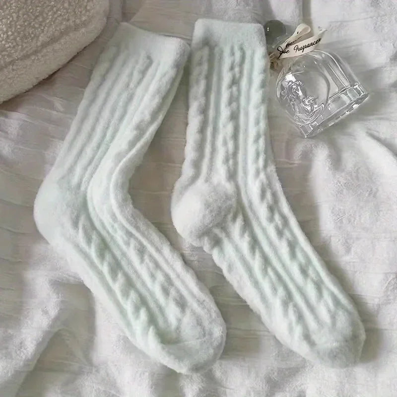 New Soft and Fluffy Fluffy Socks Autumn Winter Thicken and Thickened Macaron Color Mid Calf Sock for Cold Protection Solid Color Peaceful Pleasures Health and Wellness 1pair-green One Size