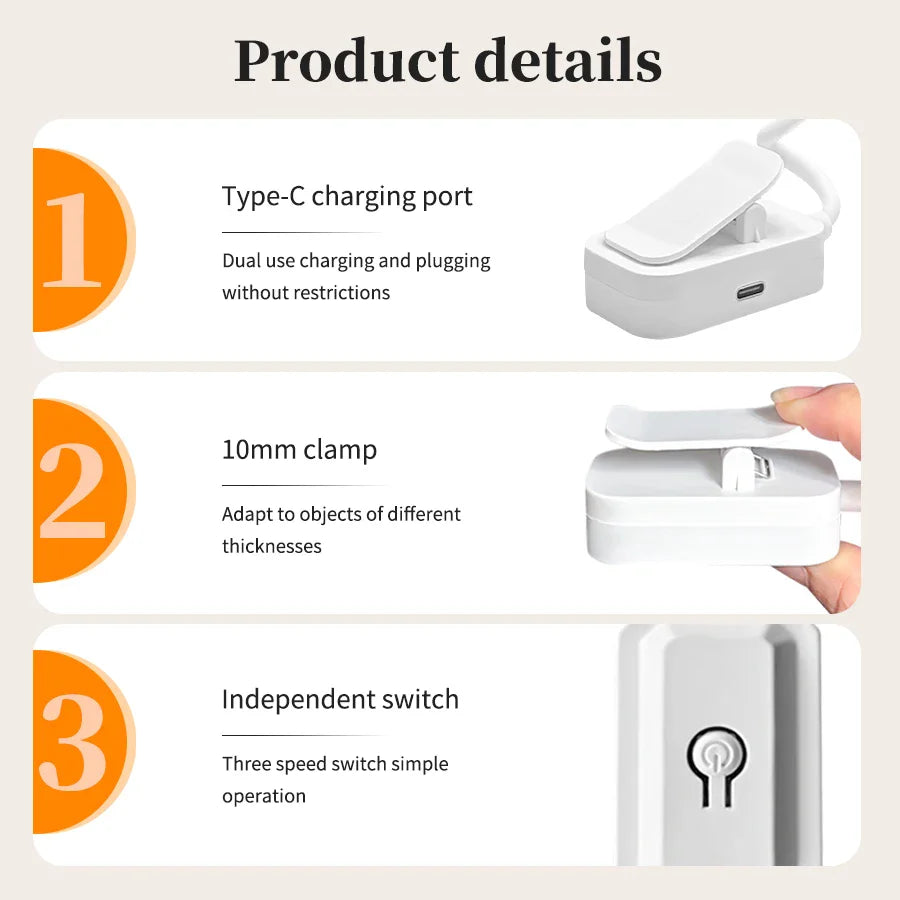 GGBEE LED Clip-On Desk Lamp – Rechargeable, 3 Color Modes