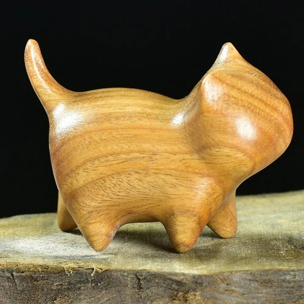 Handmade Wooden Cat Figurine with Bell | Natural Wood Decor
