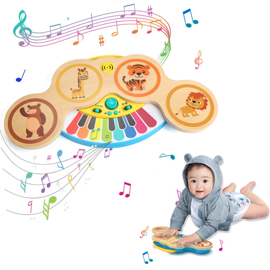 Wooden 2in1 Keyboard Piano Clapping Drum Music Light Cartoon Animals Peaceful Pleasures Health and Wellness