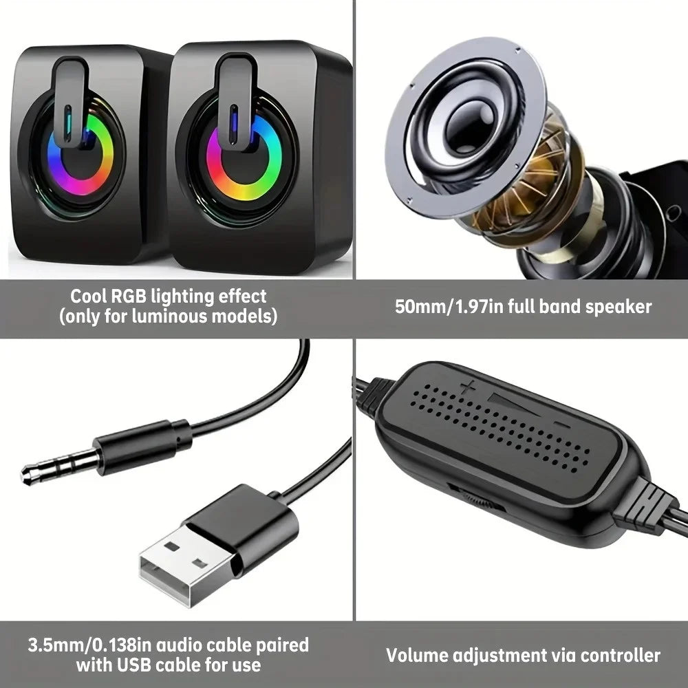 USB PC Speakers HiFi Stereo LED Light & Mic – Desktop & Laptop