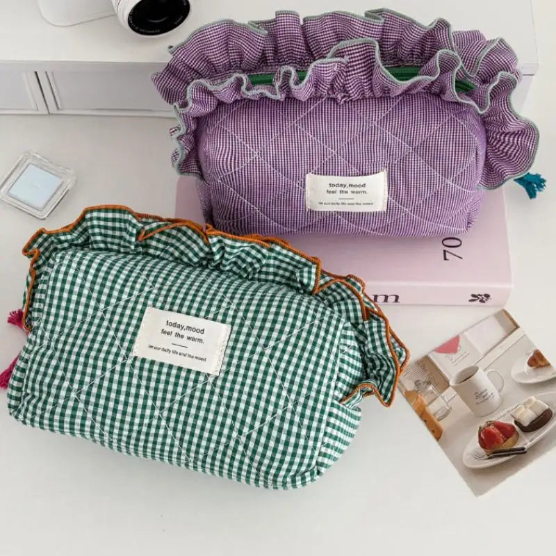 Women's Vintage Gingham Cosmetic Makeup Bag With Ruffled Edges-Large Capacity Organizer For Daily Travel Peaceful Pleasures Health and Wellness
