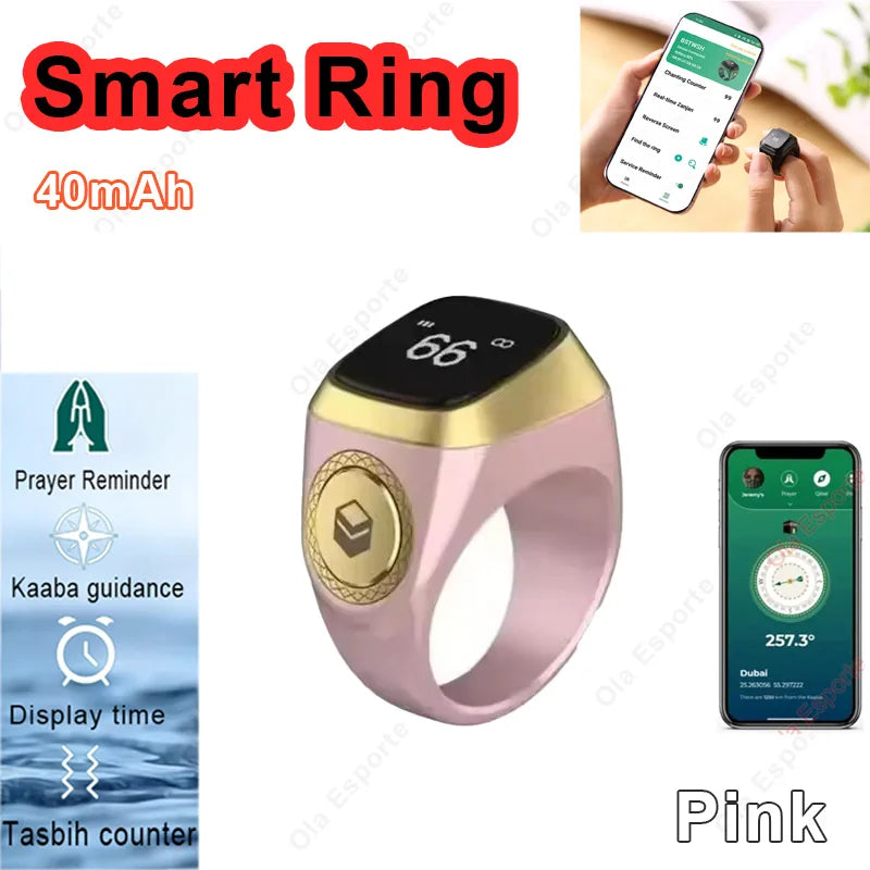 2026 New Smart Ring Men Women Prayer Reminder Tasbih counter Display Time 49 Inch HD Screen Bluetooth Life WaterProof Smartring Peaceful Pleasures Health and Wellness Pink 1 22