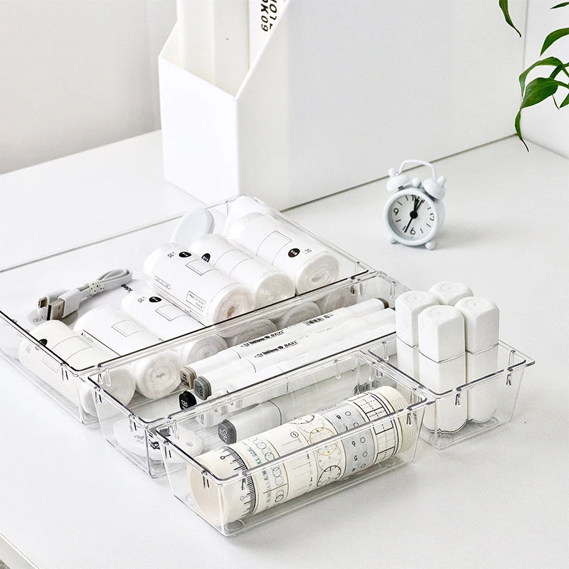 4 Pack Clear Plastic Drawer Organizer Trays, Acrylic Kitchen Drawer Organization and Storage Dividers, Storage Bins for Makeup