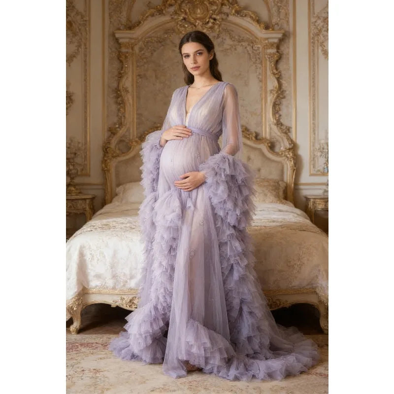 Photoshoot-Ready Tulle Maternity Gown - Puffy Ruffles, Bridal Style, Long Lingerie Dressing Robe for Pregnancy Peaceful Pleasures Health and Wellness
