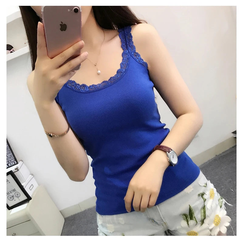 Tank Tops Women Summer O-neck Solid Color Female U-shaped Low Cut Lace Suspender Vest 2024 New Sleeveless Camisole For Ladies Peaceful Pleasures Health and Wellness Blue One Size