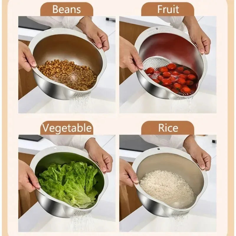 Stainless Steel 304 Rice Washer Strainer Bowl Rice Washing Bowl Rice Sieve Colander Fruit And Vegetable Strainer Kitchen Tools Peaceful Pleasures Health and Wellness